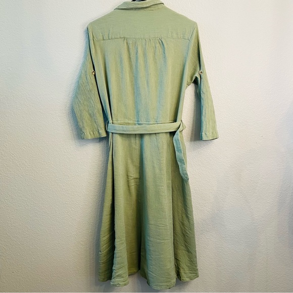 Brownstone Studio Vintage Sage Green Button Down Gauzy Cotton Belted Midi Dress - Picture 6 of 7